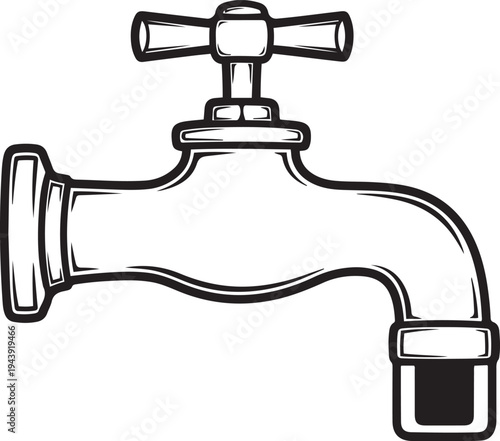 Black and white of a vintage water faucet with a cross handle plumbing