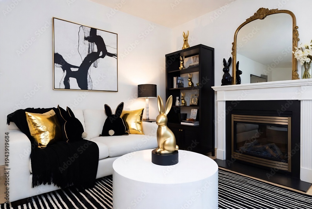 Fototapeta premium A luxurious living room with a black and white color scheme, featuring rabbit decor and a fireplace.