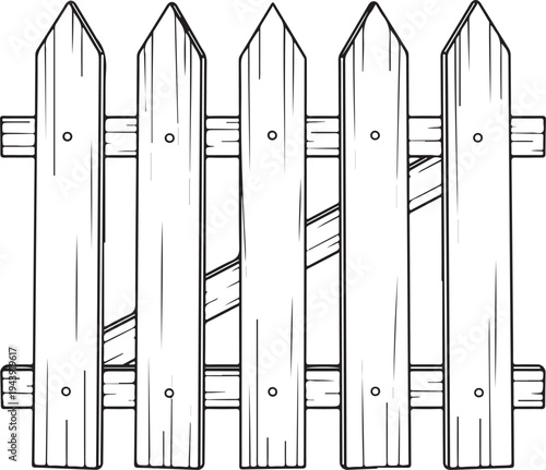 Black and white of a wooden picket fence with pointed tops and horizontal supports wooden fence outline