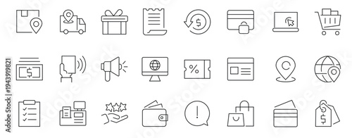 Ecommerce and Online Shopping Line Icon Set. Delivery, Payment, Wallet, Discount, Shopping Cart, Credit Card, Online Store, Location, Customer Review and Marketing Outline Icons Vector Collection