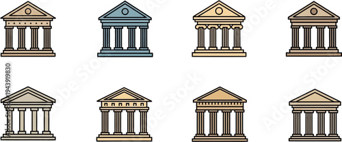 A grid of eight distinct vector illustrations of classical architectural buildings, each featuring columns and a triangular pediment, rendered in various muted earthy and cool tones.