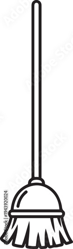 Black outline of a broom with a long handle and bristled head on a white background cleaning sweeping
