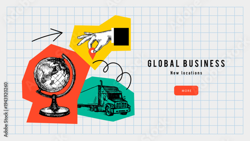 Trendy collage background with sketch hand, globe and truck. Concept of global logistics, shipping, delivery, worldwide transport. Retro hand drawn isolated vector illustration.