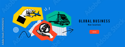 Trendy collage background with sketch hand, airplane, globe and truck. Concept of global logistics, shipping, delivery, worldwide transport. Retro hand drawn isolated vector illustration.