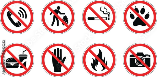 Set of Prohibition Signs Featuring Red Circle Icons for No Smoking No Food No Pets No Photography and No Littering Hazards