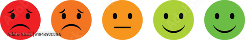 Set of Customer Satisfaction Rating Emoticons Featuring Five Faces from Sad Red to Happy Green for Feedback Surveys and Sentiment Analysis