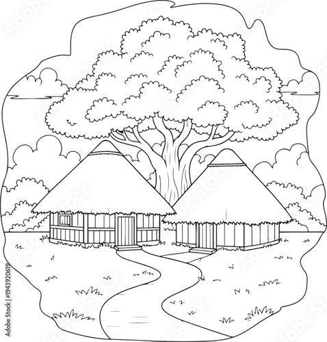 Two thatched roof huts nestled under a large tree with a winding path village