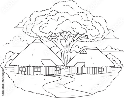 Two thatched roof huts with a large tree and clouds in a simple line village