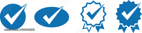 Set of Blue Verification Checkmark Icons and Quality Seal Ribbons for Approved Certification, Business Guarantee Symbols, and Verified User Profile Badges