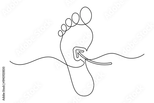 Foot sole continuous one line art drawing with arrow direction isolated outline flat vector illustration