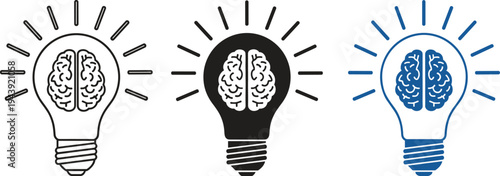 Vector light bulb with brain icon set, creative idea concept, innovation symbol, intelligence and brainstorming sign, flat style illustration, isolated.