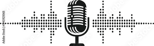 Vintage microphone icon with digital audio sound wave equalizer, podcast broadcasting symbol, radio studio equipment, voice recording vector, music studio logo.