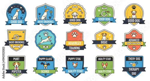 Collection of colorful dog breed emblems and badges for pet lovers.