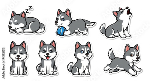 Collection of Adorable Husky Puppy Illustrations in Various Poses.