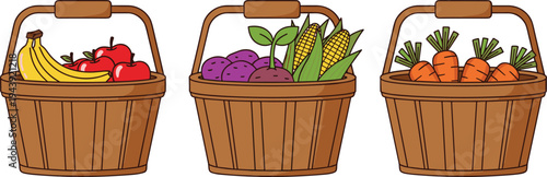 Farm harvest basket illustration with fruits and vegetables, fresh organic produce collection, healthy natural food cartoon vector set
