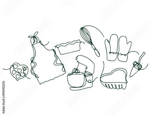 A set of separate items for cooking and baking drawn in one line for the logo of a culinary show.