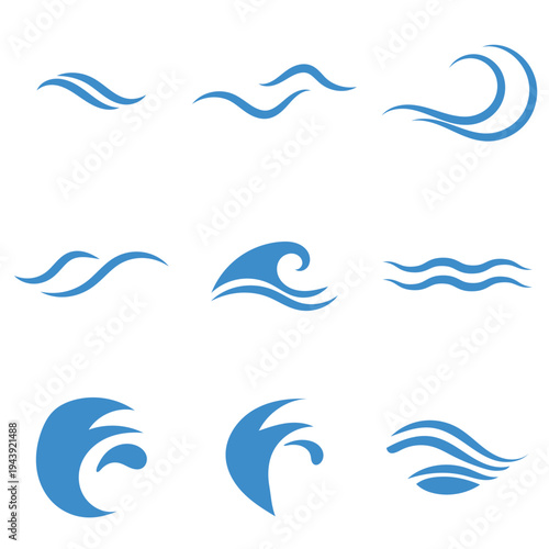 Ocean Wave Line Icons. Minimal  line icons of ocean waves and water patterns representing sea motion, surf shapes, and aquatic design elements.