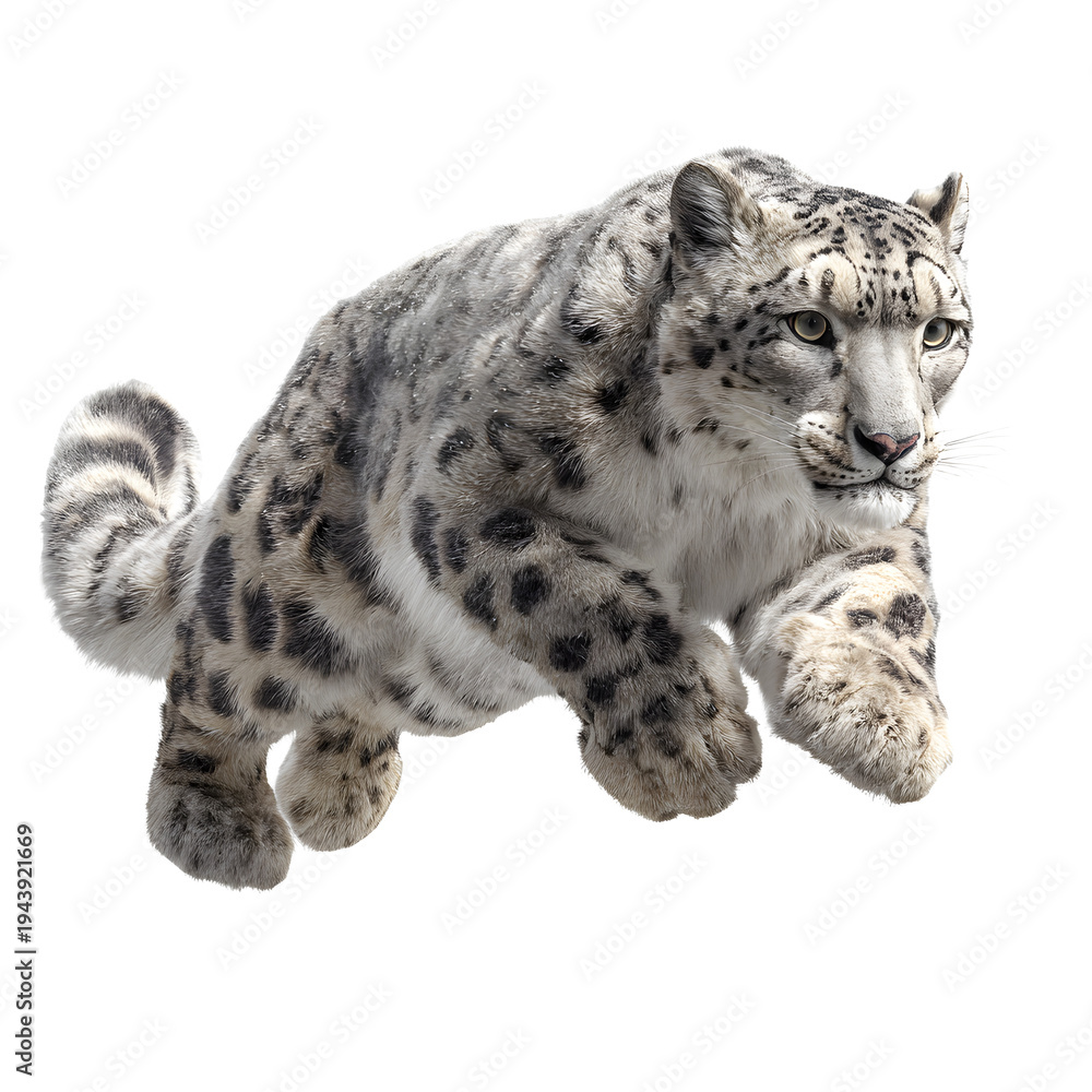 Obraz premium Snow leopard jumping in mid-air with powerful action pose, majestic wild cat leaping with thick spotted fur and long tail, predatory ounce hunting with intense focused expression and paws