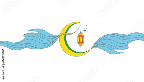 A crescent moon icon with a lantern and flowing blue waves