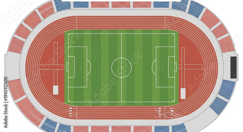 Overhead View of a Stadium with Track and Field and Soccer Field.