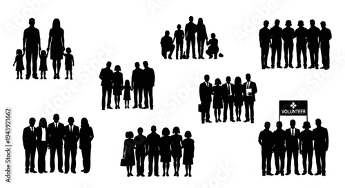 Silhouetted Groups of People Standing Together in Various Arrangements.