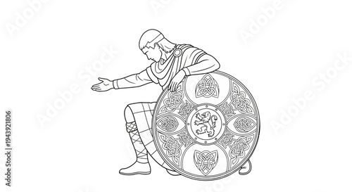 Celtic Warrior with Shield, Ancient Warrior, Historical Figure, Line Art