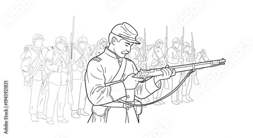 Civil War Soldier Loading Rifle, Union Army Infantryman, Historical Military Illustration