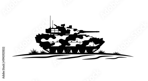 Camouflaged Tank Silhouette with Grass and Sky Background