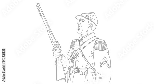 Civil War Soldier Yelling with Rifle, Historical Military Illustration