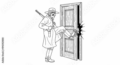 Cowboy Kicking Down Door With Rifle