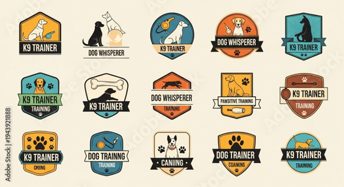 Collection of Dog Trainer Logos and Badges in Various Styles.