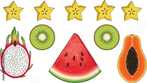 Tropical fruit collection illustration with dragon fruit, kiwi, watermelon, papaya and starfruit slices, colorful fresh healthy food cartoon vector set