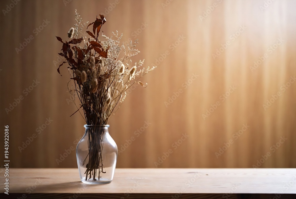 Fototapeta premium A vase of dried flowers sits on a wooden table.
