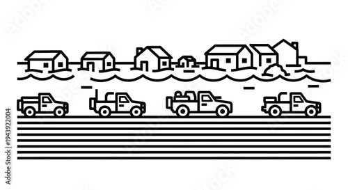 Flood Evacuation: Pickup Trucks Drive Through Flooded Town with Houses Submerged