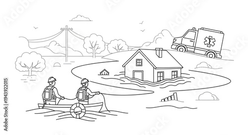 Flood rescue: rescuers in boat, submerged house, ambulance on hill, natural disaster