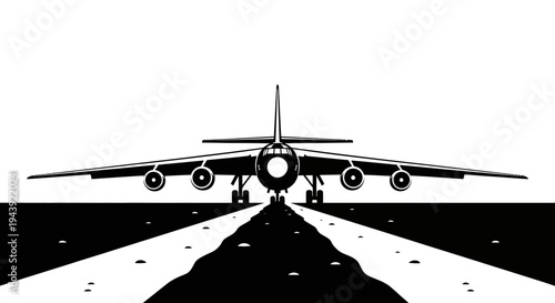 Front View of a Large Airplane on a Runway, Ready for Takeoff