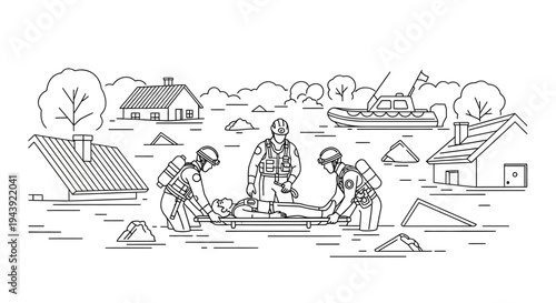 Flood Rescue: Rescuers in Waders Save Person from Flooded Town with Boat