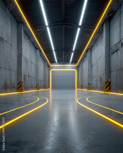 Industrial hangar interior concrete wall neon light yellow modern architecture industrial hangar interior features concrete walls and neon yellow