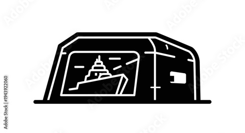 Futuristic Military Ship Docked Inside a High-Tech Industrial Hangar