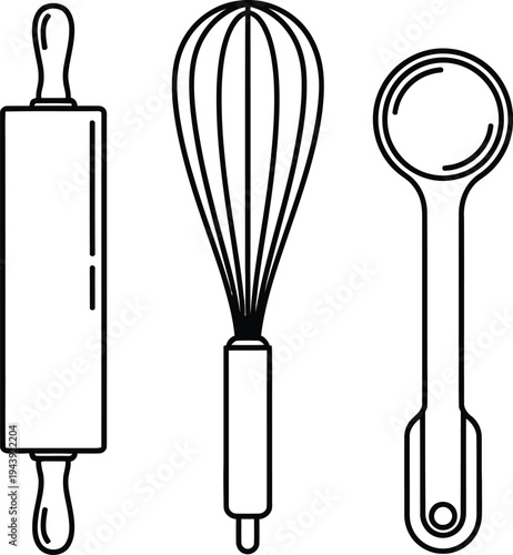 Minimalist line art kitchen utensils set including a rolling pin whisk and measuring spoon ideal for cooking and baking-themed designs or app interfaces