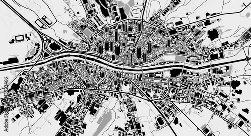 Detailed Black and White City Plan with Central River.