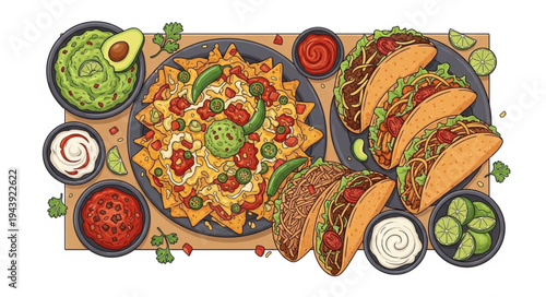 Delicious Mexican Feast - Tacos, Nachos, Guacamole, and Salsa.