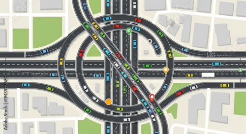 Aerial view of a complex highway interchange with traffic.