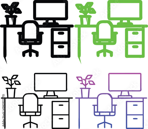 Office Desks with Computers and Plants in Four Different Color Styles Vector Icons