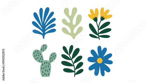 A flower icon set with various colorful plant illustrations and a cactus