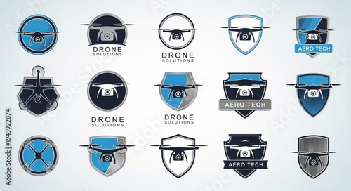Collection of drone logo designs featuring various styles and perspectives.