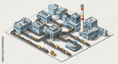 Industrial factory with smokestack.