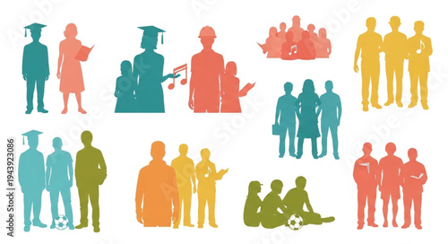 Diverse silhouettes of people in various activities and professions.