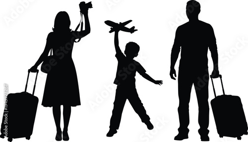 Silhouette of a father, mother holding a camera, and a child playing with a toy plane, while carrying rolling suitcases.