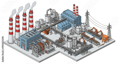 Industrial Factory with Smokestacks.